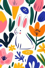 Colorful Spring Floral Pattern with Cute Bunny Illustration