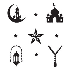 A crescent moon and a mosque in black and white
