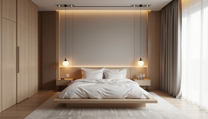 Bedroom Warm Serene Minimalist. AI Generation.