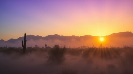 Fototapeta premium Majestic Desert Sunrise Landscape with Fog and Cactus