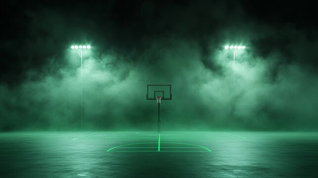 An illuminated basketball court shrouded in green fog, creating a mysterious and dramatic atmosphere.