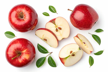 Apples And Slices With Green Leaves On White Background