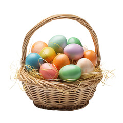Colorful Pastel Easter Eggs in a Wicker Basket with Straw Filling