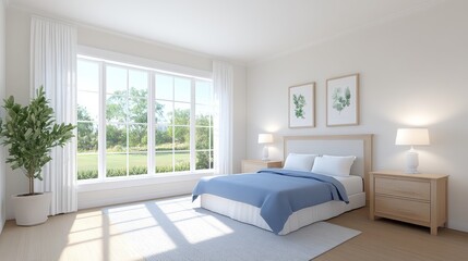 Fototapeta premium Bright and airy bedroom with large window and view of green landscape.