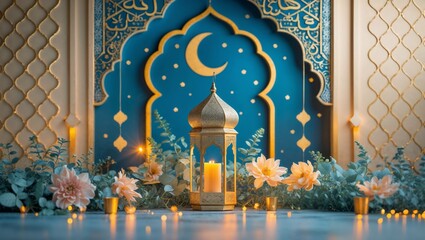 Islamic background for Ramadan, A glowing Lantern placed at Mosque with Elegant Decoration, Lighting, Flowers and Moon. Eid Celebration Banner Illustration