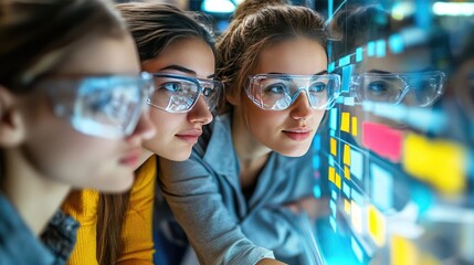 Women in Tech: Innovative Team Analyzing Data on Digital Interface with Focus and Precision