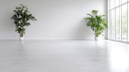 Empty modern room, plants, large window, bright