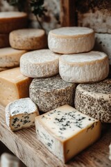 Variety of Artisan Cheeses on Rustic Wooden Shelves in Natural Light