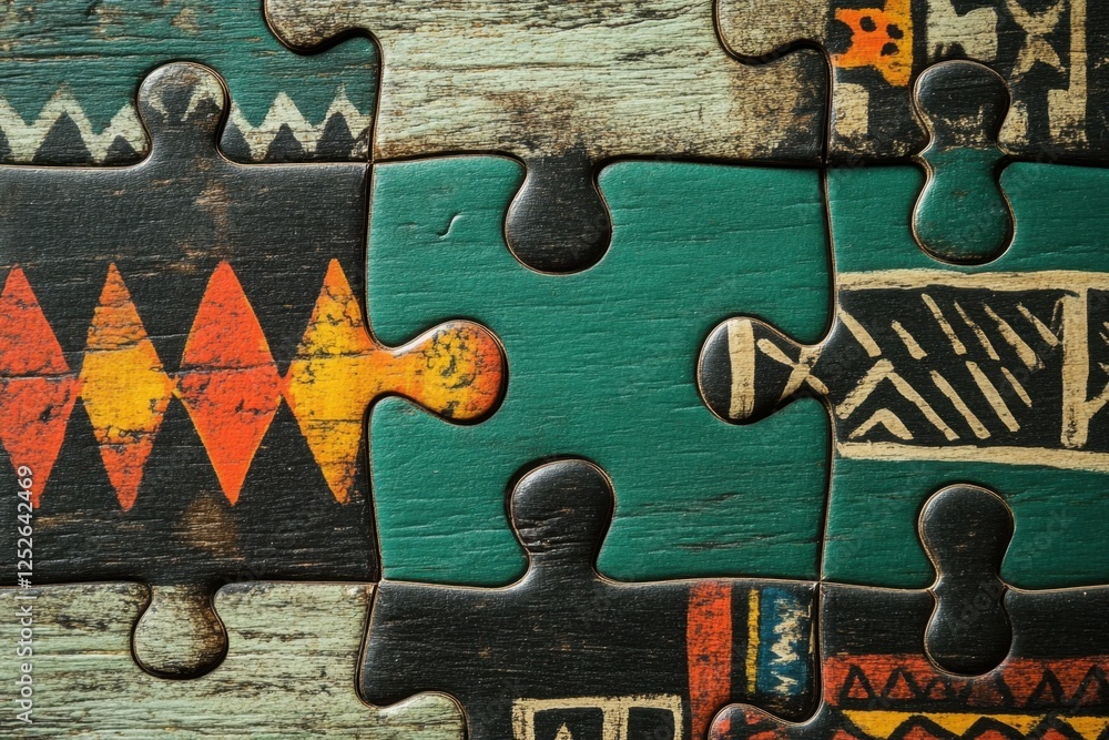 Poster closeup of a colorful jigsaw puzzle with textured ethnic patterns