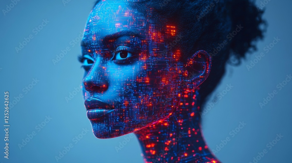Poster cybernetic beauty: a portrait of futuristic humanity merging technology and elegance, illuminated by