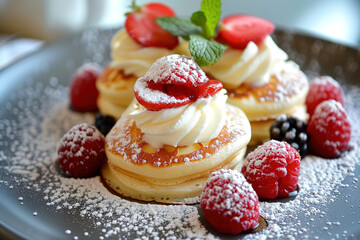 Airy cake with cream and red berries on a saucer.