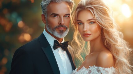 Elegant Couple in Formal Attire at Sunset for Romantic Wedding Portrait