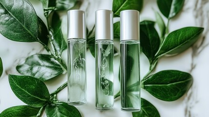 Three Green Essential Oil Rollers on Marble with Lush Greenery