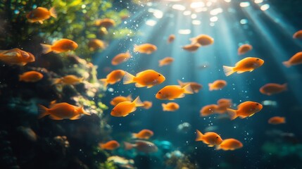 Fototapeta na wymiar Golden School: A vibrant group of orange fish glides through the clear blue water, sunbeams dancing around them in this beautiful underwater scene.