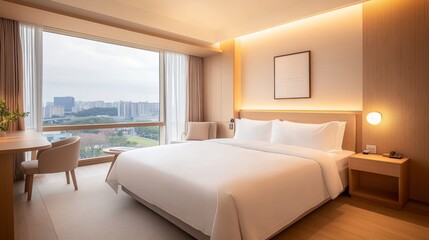 Fototapeta premium Modern Hotel Room with City View and King Size Bed.