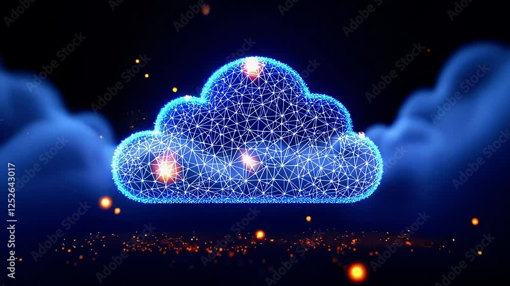 Poster futuristic glowing cloud network with interconnected nodes against a dark background with sparks