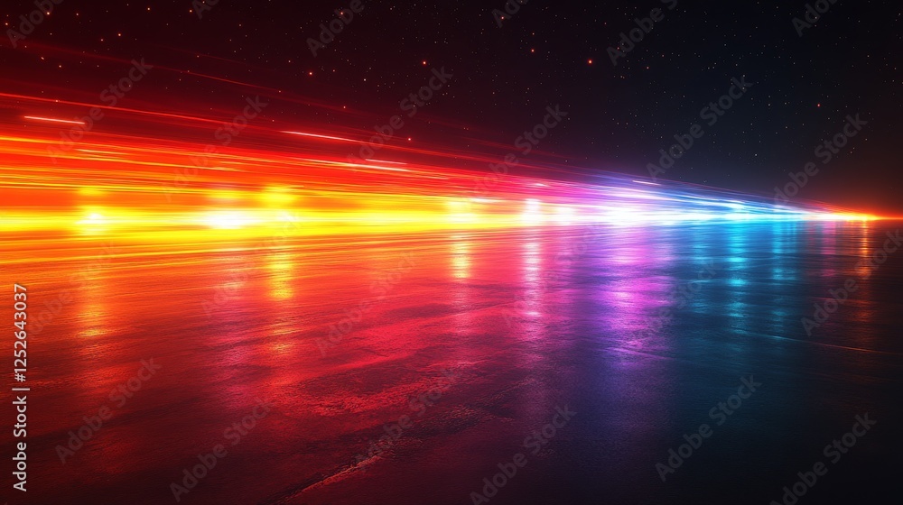 Aufkleber neon horizon: a digital rendering of vibrant light streaks over a reflective surface under a starry 