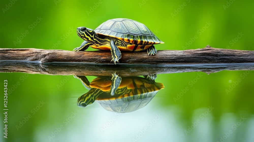 Poster turtle on a log reflecting in calm water, tranquil nature setting. wildlife and serenity concept