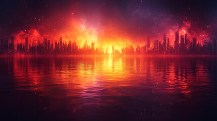 Fiery Cityscape Skyline Burning Sunset Dramatic Urban Night Cityscape Reflection red art fire dark  