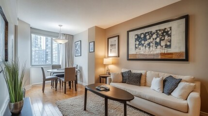Fototapeta premium A well-decorated small condo with neutral tones, including a cozy nook with a small dining table, a stylish couch, and tasteful artwork, creating a relaxing urban retreat.