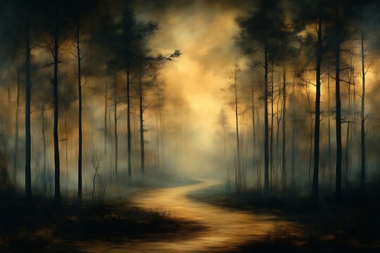 Mystical forest path at sunset. - Powered by Adobe
