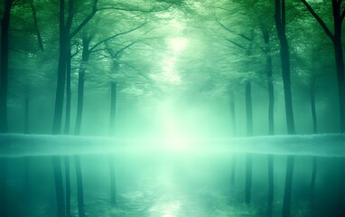 Obraz premium Mystical forest path reflecting in calm water.