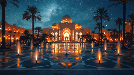 Grand illuminated palace at night with fountains, palm trees, starry sky