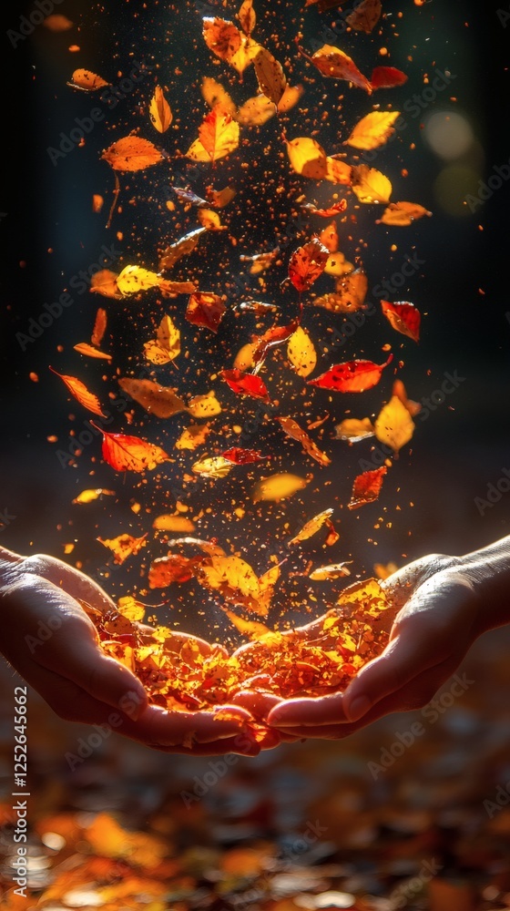 Poster hands throwing cascade of multicolored leaves into the air with sunlight filtering through the leave