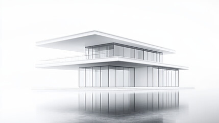 The minimalist architectural rendering is characterized by black and white tones