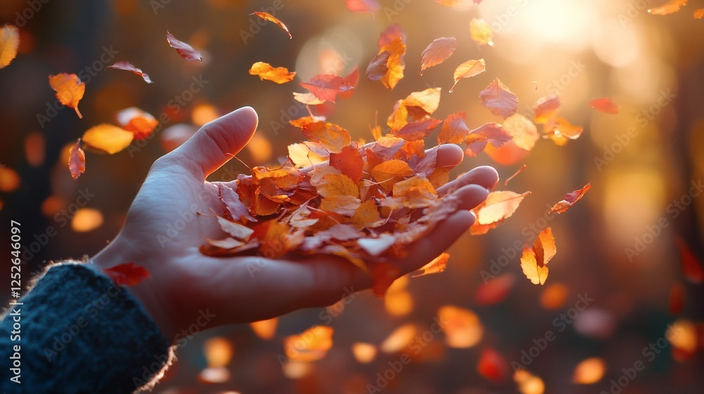 Poster hands throwing cascade of multicolored leaves into the air with sunlight filtering through the leave