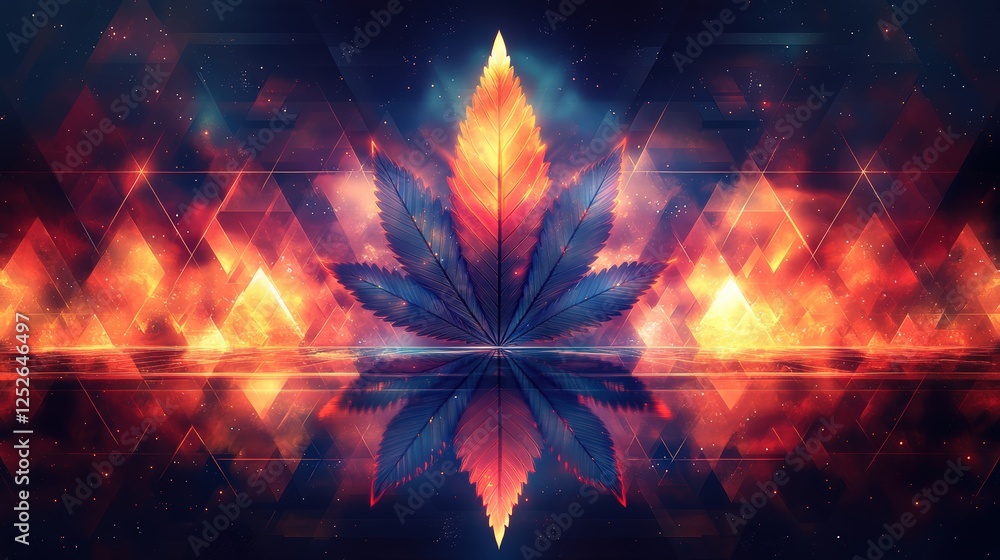 Poster vibrant abstract representation of a cannabis leaf surrounded by colorful geometric patterns and lig