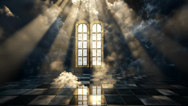 Light beams filter through ornate windows illuminating a misty, reflective checkered floor in a dramatic setting