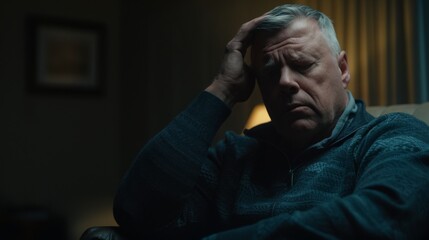 Obraz premium Middle-aged man sitting alone in a quiet room, holding his head with one hand, looking stressed and concerned. Emotional state of solitude and introspection.