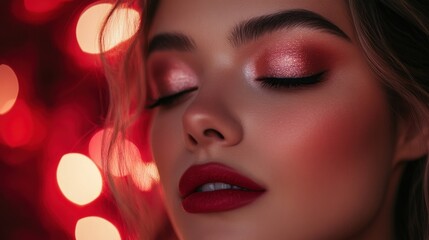 Fototapeta premium A close-up of a woman's makeup for Valentine's Day, featuring soft pink eyeshadow, a bold red lip, and a touch of highlighter, set against a romantic candlelit background.