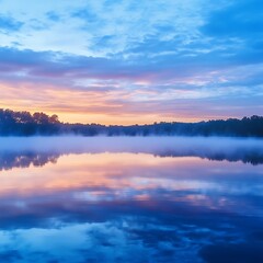 Fototapeta premium Calm Dawn Scene With Mist Floating Over Landscape