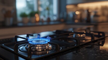 Obraz premium A detailed shot of a gas stove burner with a well-lit blue flame, placed on a polished kitchen counter, with cooking utensils in the background.