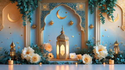 Islamic background for Ramadan, A glowing Lantern placed at Mosque with Elegant Decoration, Lighting, Flowers and Moon. Eid Celebration Banner Illustration