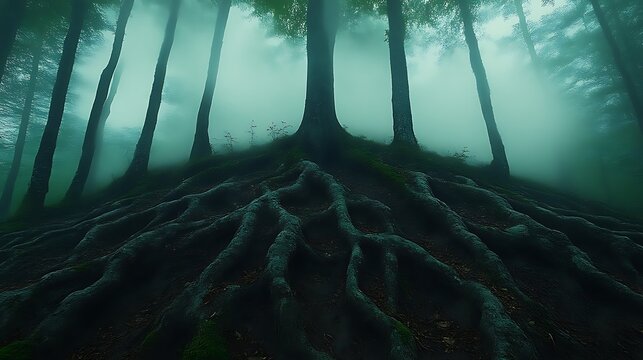 Mystical forest scene with exposed tree roots in fog.