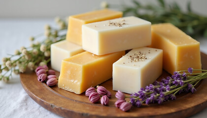 Handcrafted Soaps with natural details in warm colors for skincare. AI Generation.
