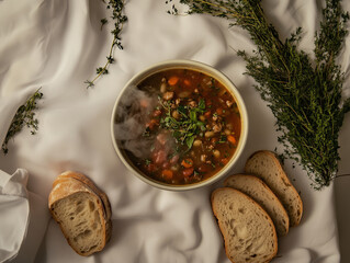 Rustic Homemade Soup with Fresh Bread and Herbs in Cozy Lighting