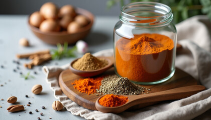 Assorted Spices arrangement in warm colors for culinary use. AI Generation.