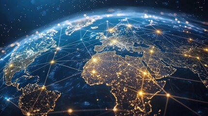 Illustration of global internet connectivity with lines linking different countries.