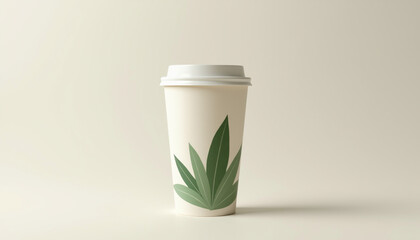 Paper cup with a green leaf symbol on it in minimalistic style. AI Generation.