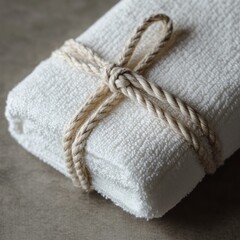 Folded white towel tied with rope, spa setting (1)