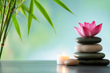 A serene spa setup featuring a delicate pink lotus flower placed on smooth stacked stones, with a glowing candle adding warmth, generative ai