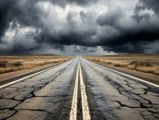 Desert Highway with Cracked Asphalt Under Dramatic Storm Clouds