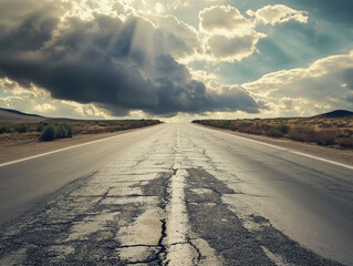Desert Highway with Cracked Asphalt Under Dramatic Storm Clouds
