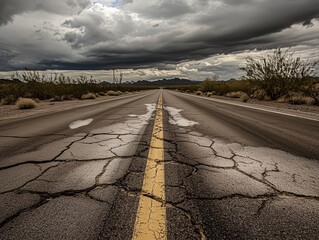Desert Highway with Cracked Asphalt Under Dramatic Storm Clouds