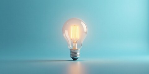 Illuminated Glass Bulb on a Pale Blue Background, Representing Ideas, Innovation, and Bright Solutions