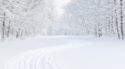 Snowy winter forest path winding through trees.  Possible use Desktop wallpaper or nature photography
